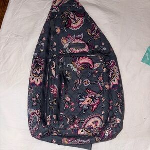 Vera Bradley Dark Gray Sling Backpack with Pink and Cream Paisley